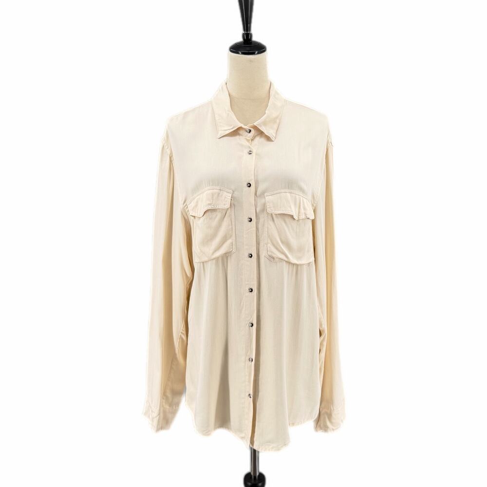 Indah NEW Cream 100% Bamboo Button Up Collared Polished Professional Blouse Top